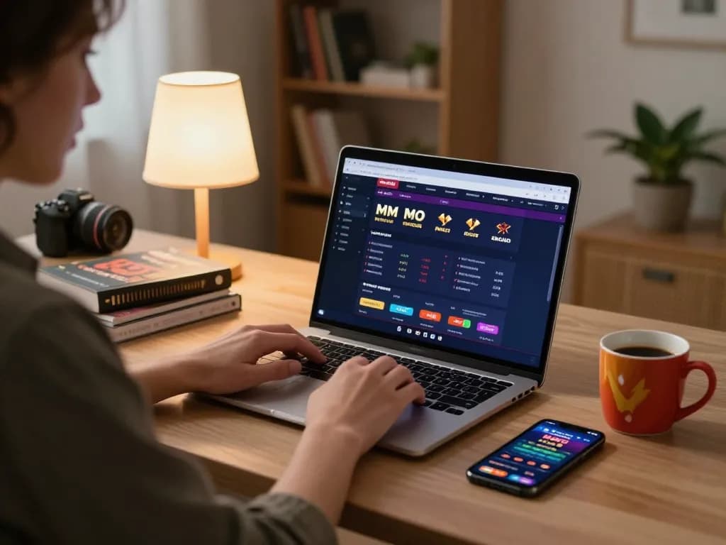 Engaged user placing bets on MMOO online gambling platform while enjoying a cozy home environment.