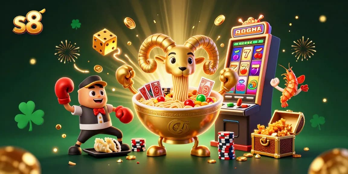 Experience the thrill of winning at s8 with giant ramen bowl characters and dazzling casino elements.