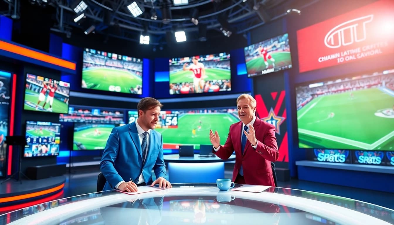 Engaging anchors delivering legal updates in a vibrant sports broadcasting studio.