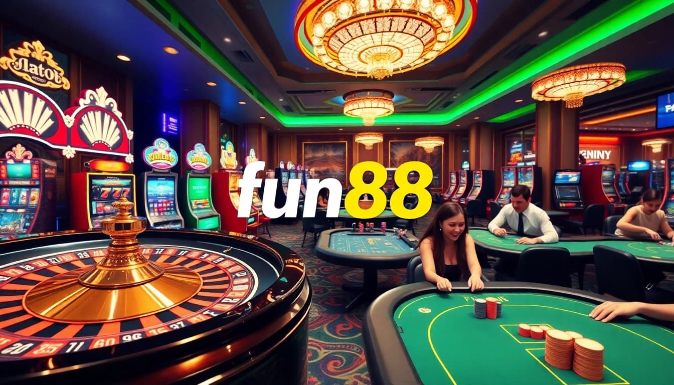 fun88 đăng nhập at a vibrant online casino featuring roulette wheels and poker tables.