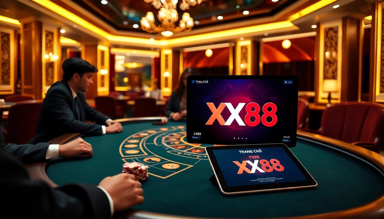 Experience high-stakes gambling at Trang Chủ XX88's luxurious baccarat table, featuring elegant gameplay.