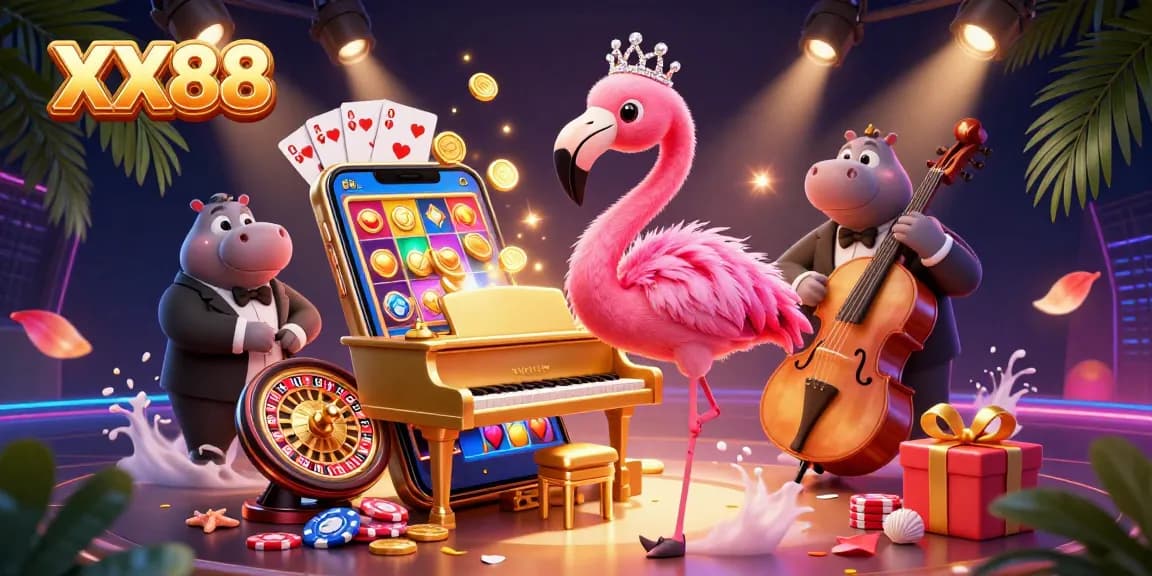 Experience the excitement of XX88 with a vibrant casino scene featuring a flamingo singer and slot game action.