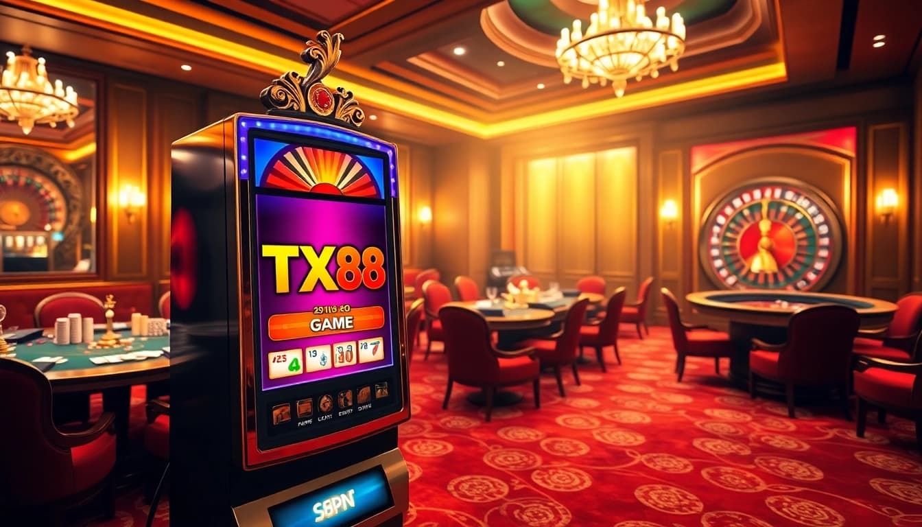 Experience the thrill of winning with game tx88 at an elegant casino showcasing slot machines and poker tables.