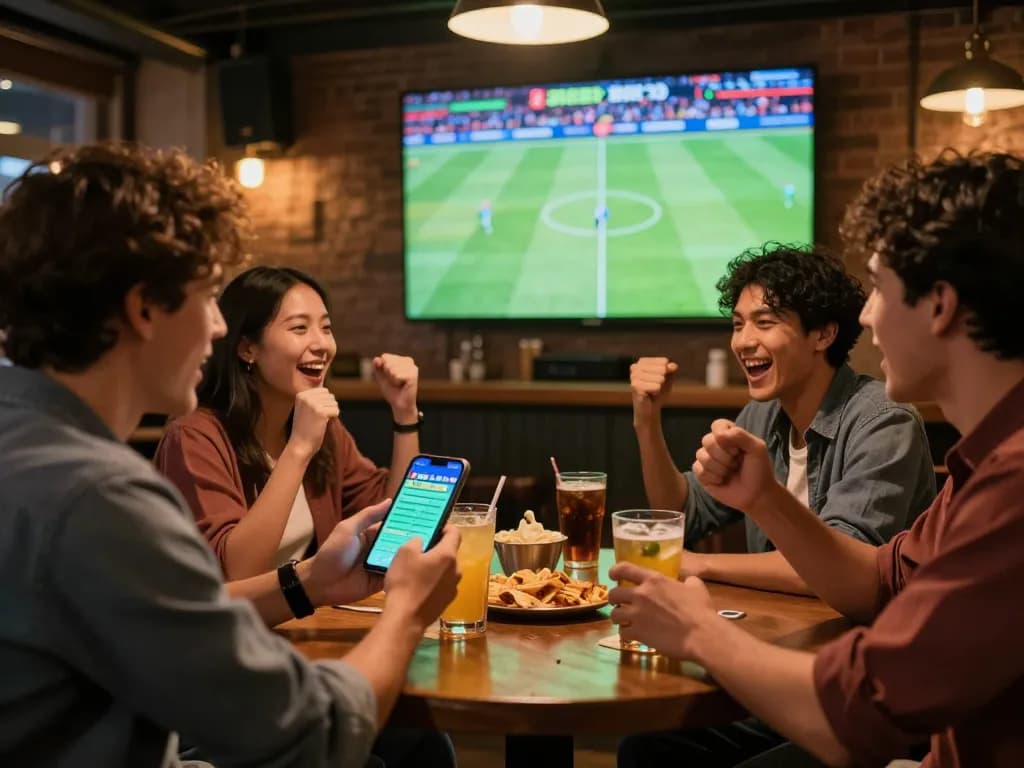 Keceriaan taruhan judi bola di bar yang ramai dengan teman-teman yang memasang taruhan.