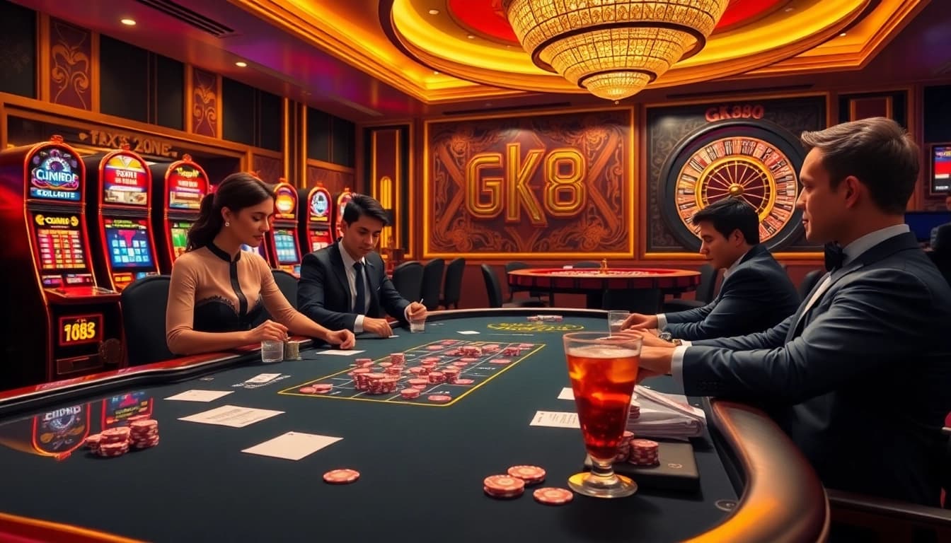 Gamblers enjoying a luxurious GK88 casino experience at a vibrant poker table with slot machines.