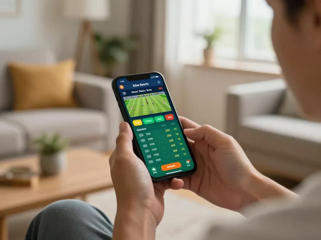 Cá cược lu88 player using smartphone for sports betting with live odds in cozy setting