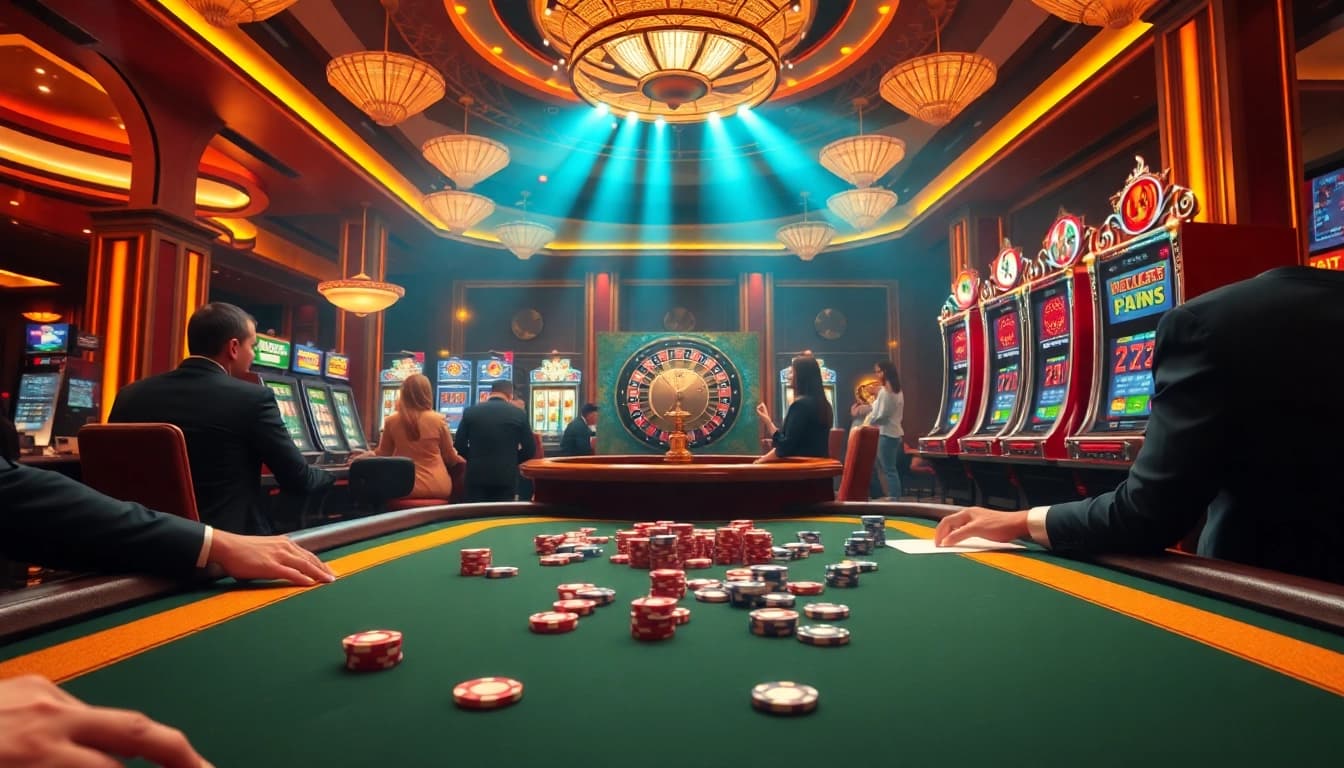 KJC casino scene showcasing intense poker action with roulette and vibrant slot machines.