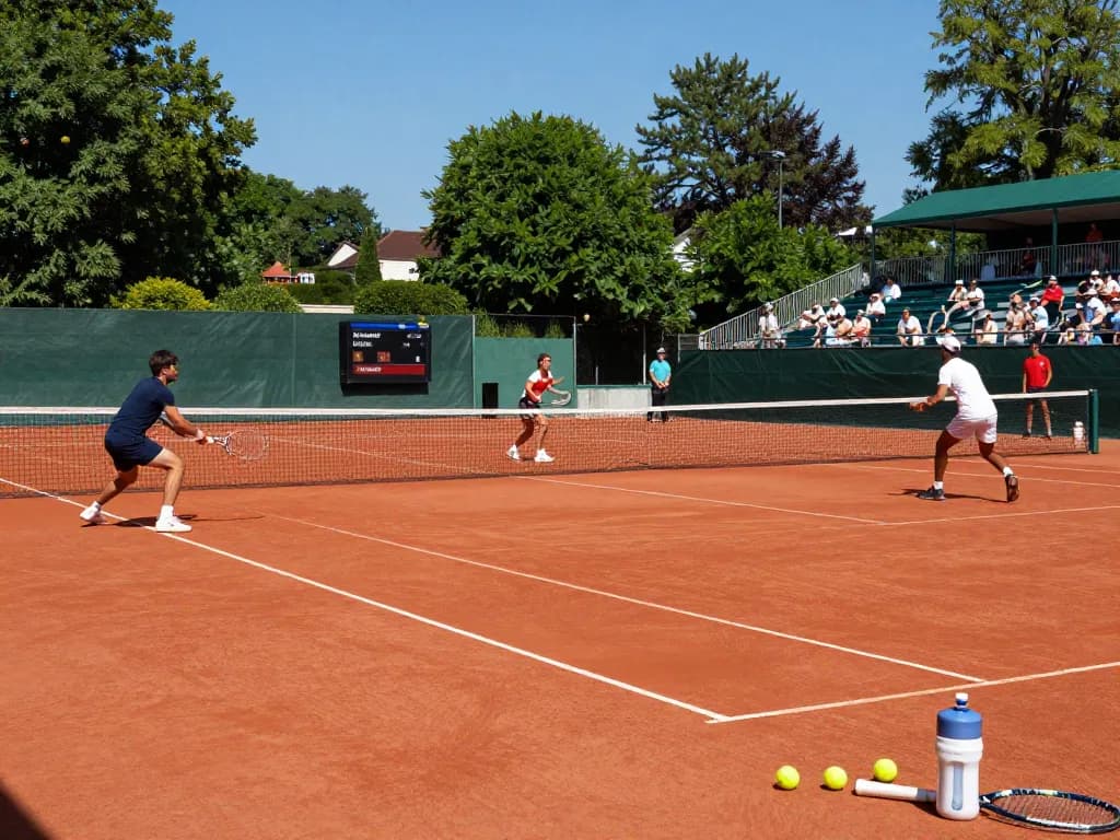 Players enjoying a competitive match on a HybridClay tennis court, highlighting its vibrant surface and eco-friendly features.