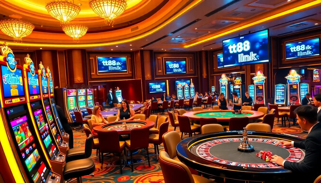 A captivating casino scene showcasing the tt88 link alongside players enjoying vibrant slot machines and poker tables.