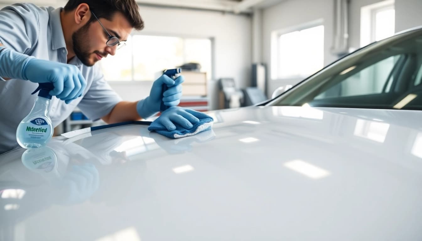 Apply ceramic coating near me with precision by a car detailing professional in a bright, organized garage.