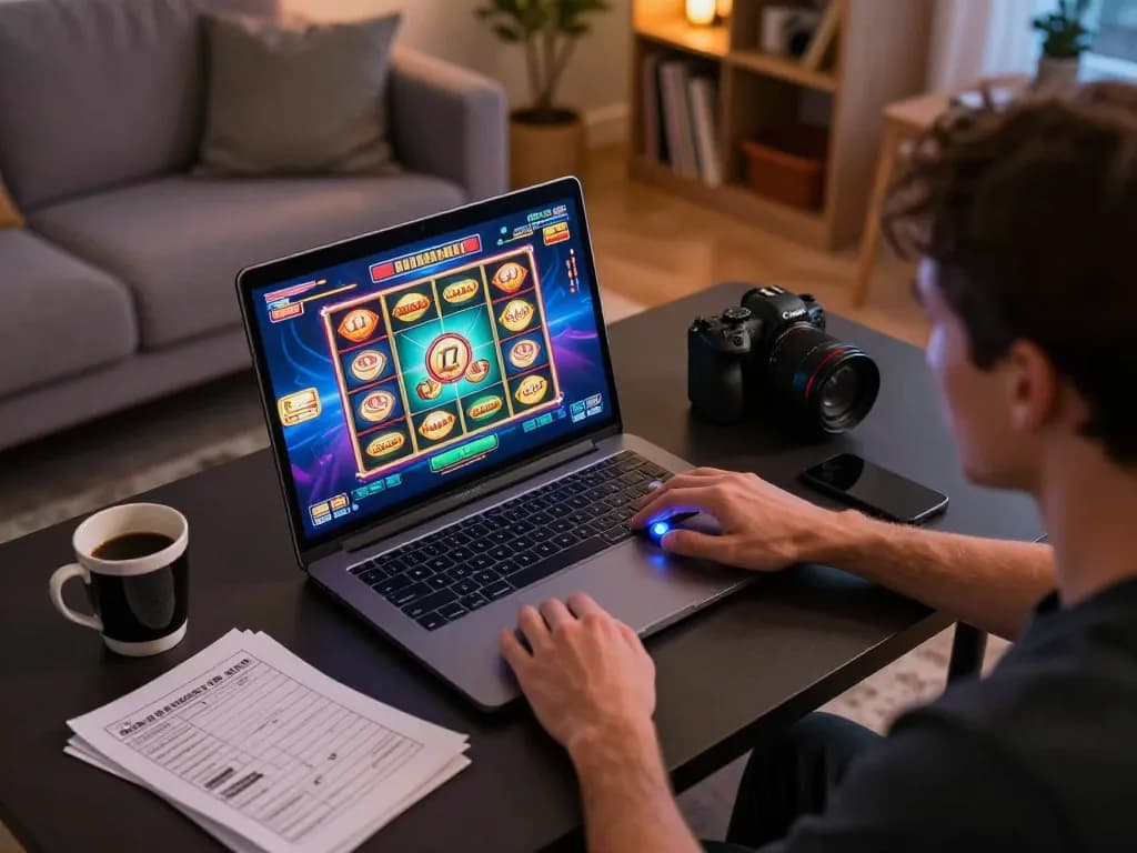 Engaged player at online slot machines on go88vv interface during cozy home gaming session