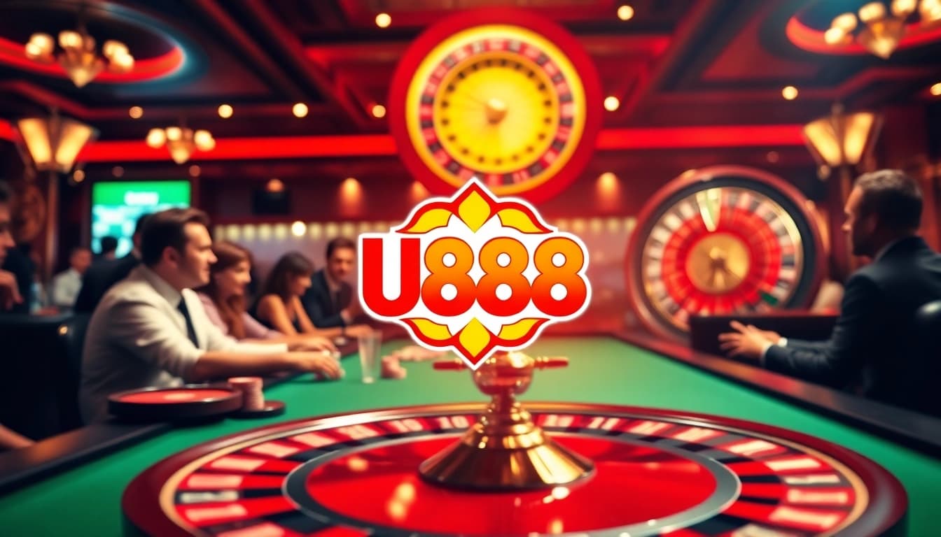 U888 casino scene with vibrant gaming tables and exciting players' actions.