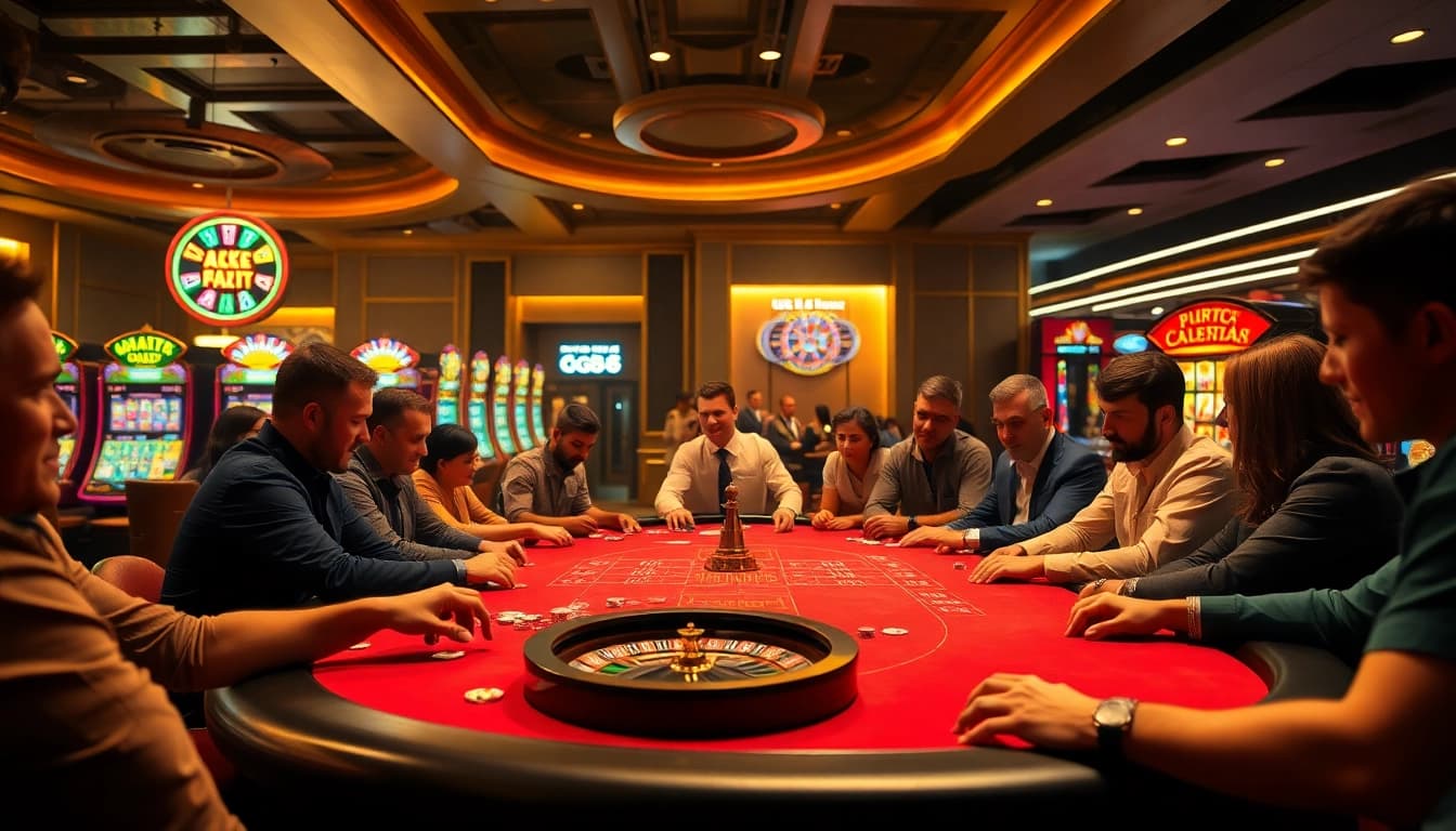 Players engaged in high-stakes poker at https://gg88.black/, showcasing intensity and camaraderie in a vibrant casino scene.