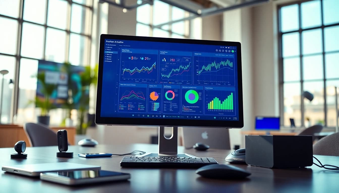 Showcases AI Software interface on a modern desktop highlighting analytics in a creative workspace.
