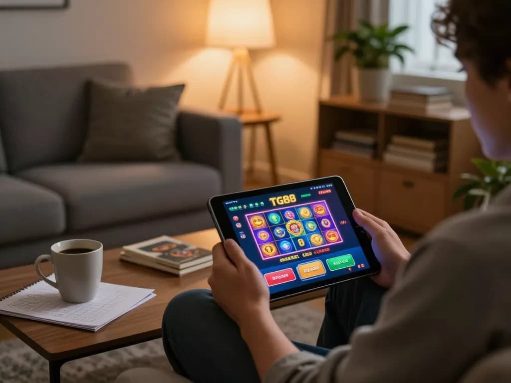Engaging in online gameplay to tải tg88 on a tablet with cozy home ambiance