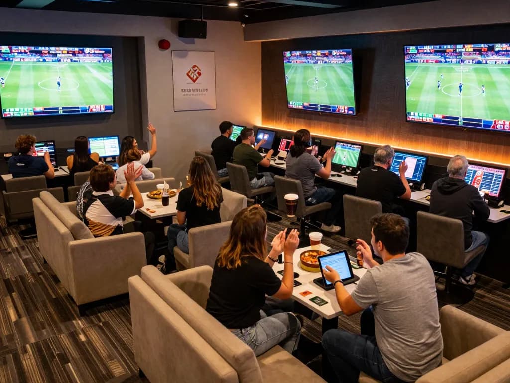 Fans cheering and strategizing their bets at 88CLUB's lively sports betting lounge.