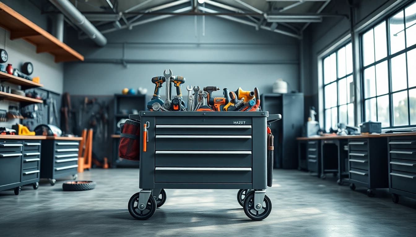 High-quality Hazet tool cart with tools in a professional workshop setting