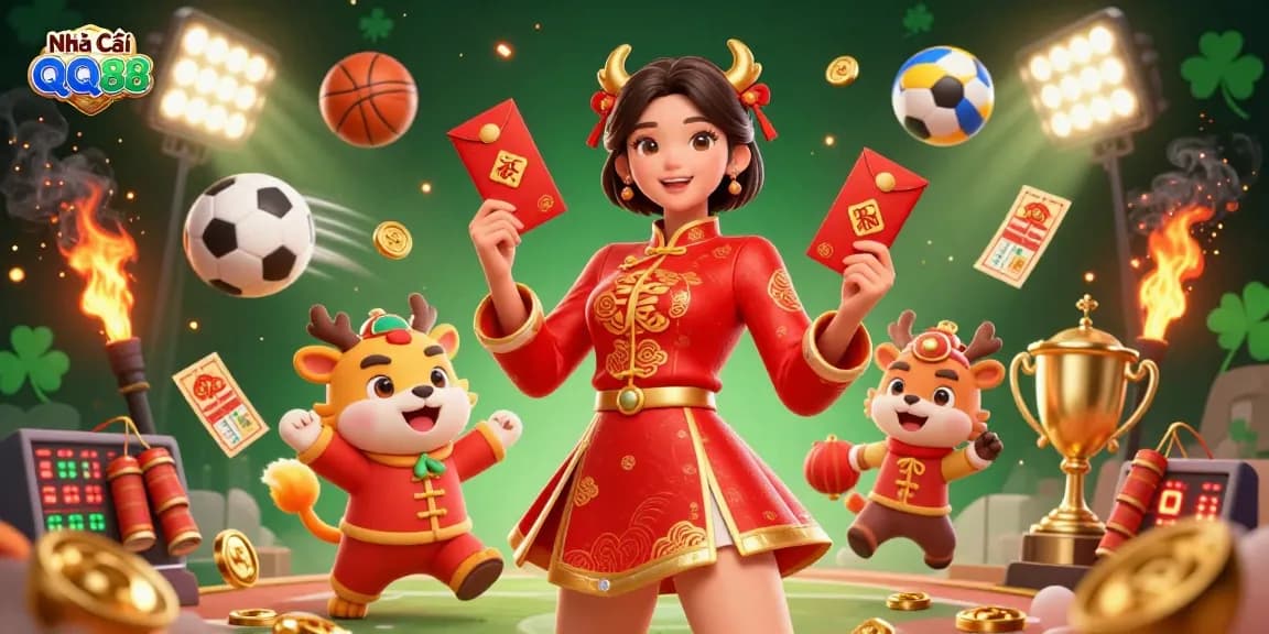 Bet big with Nhà Cái QQ88; immerse in vibrant 3D casino-themed scene filled with festive elements.