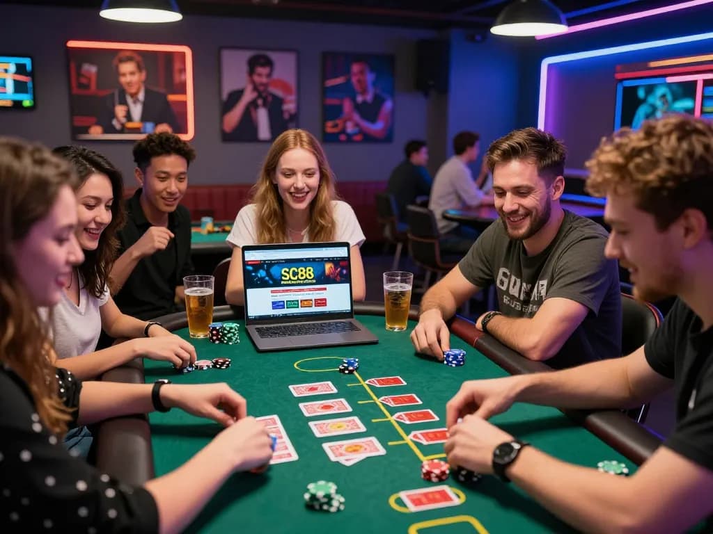 Friends enjoying online gaming at SC88, vibrant atmosphere in a lively gaming room.