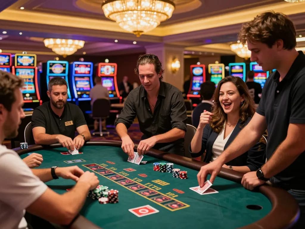 FC88 blackjack players engaging in strategic bets amidst vibrant casino atmosphere.