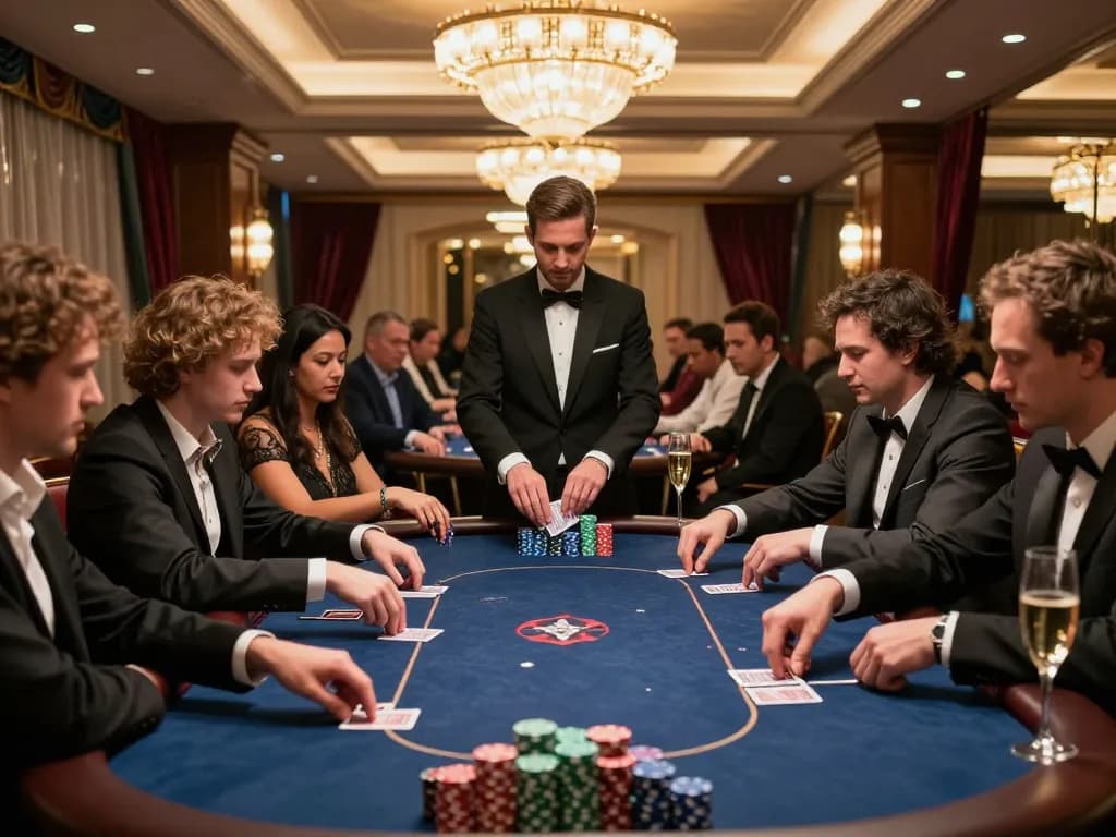 Elite players strategizing at a gem88 poker table with warm ambient lighting and luxurious decor