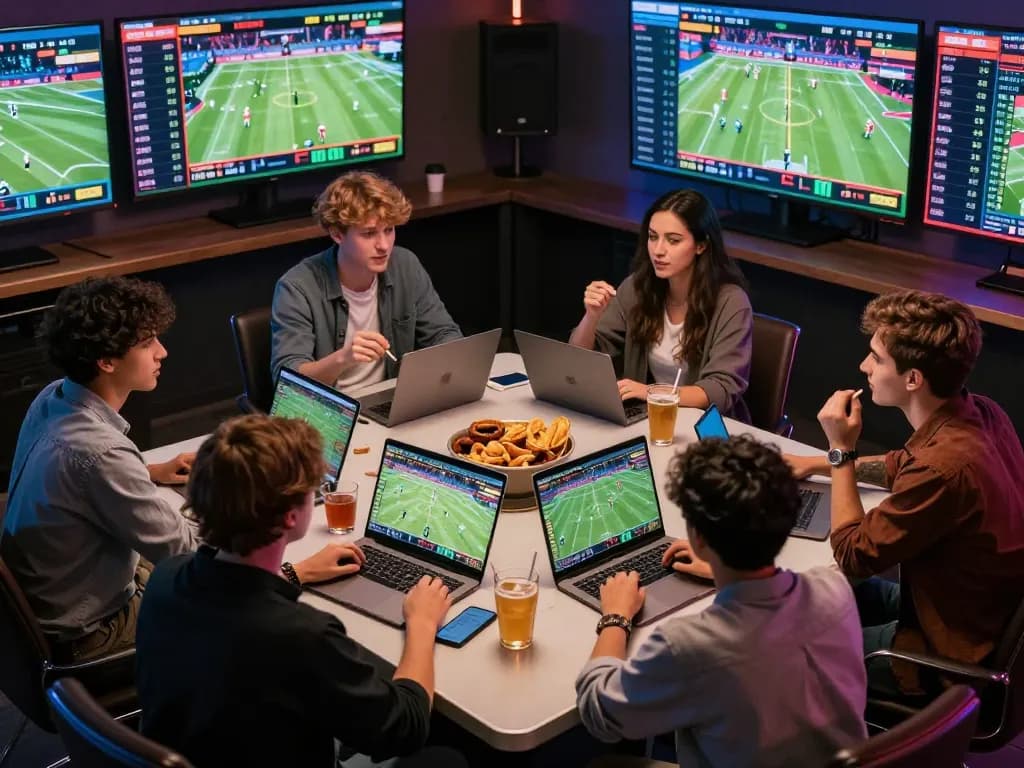 Friends engaged in sports betting at home using FC88, with laptops and drinks on the table, creating a lively atmosphere.