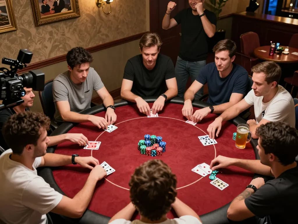 Players strategizing their moves in an engaging Red 88-themed poker night at home.