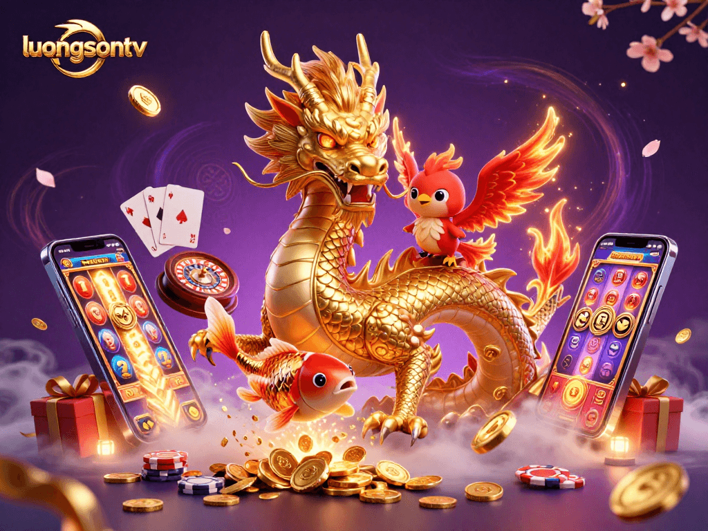 luongsontv showcases a vibrant 3D gambling scene featuring a golden dragon, phoenix, koi fish, and dynamic casino elements.