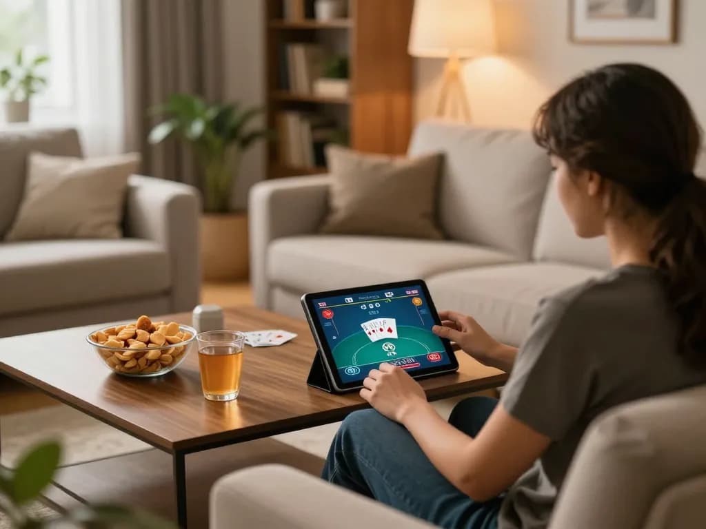 Player enjoying online poker at home using sc88 platform on tablet amidst cozy decor.