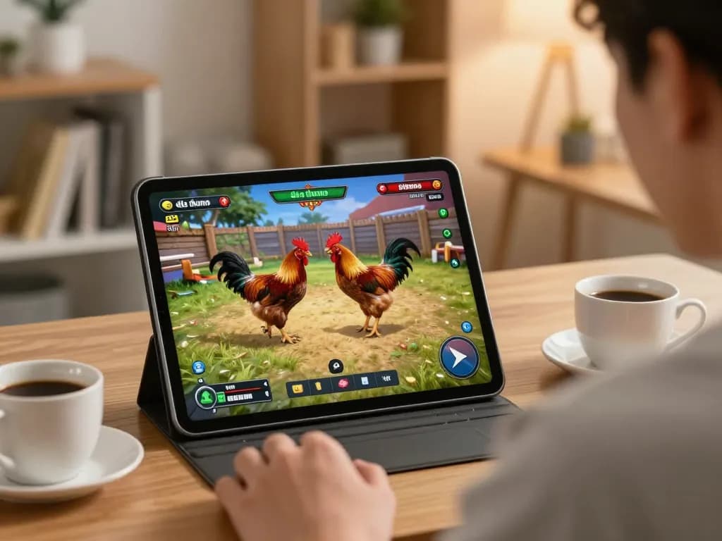 Watching đá gà thomo live stream on a tablet in a cozy home atmosphere.