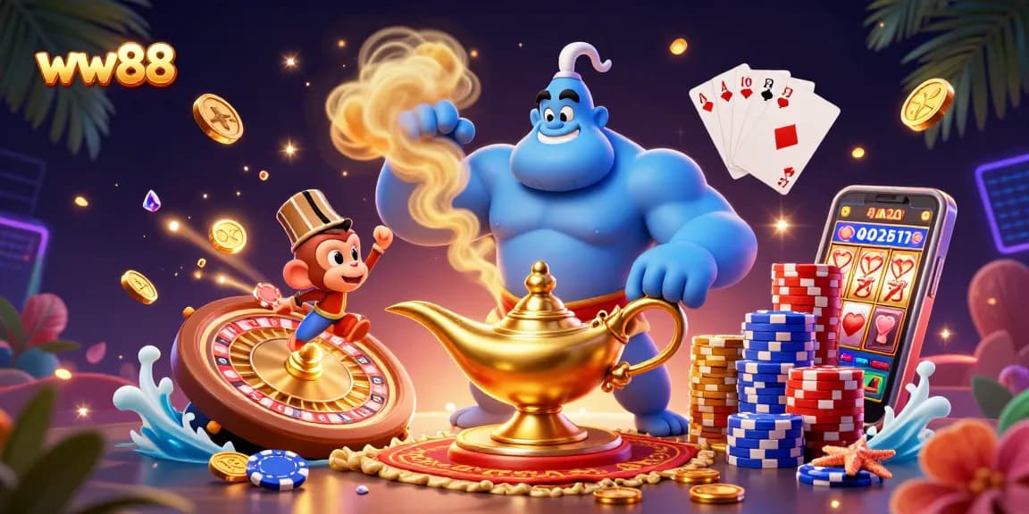 Experience thrilling wins with ww88 in this vibrant 3D casino illustration filled with gaming action.