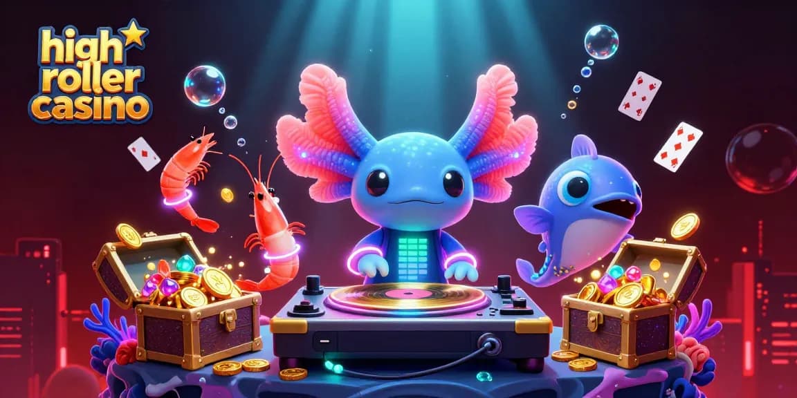 Engage in high roller casino excitement with vibrant underwater DJ party illustration.