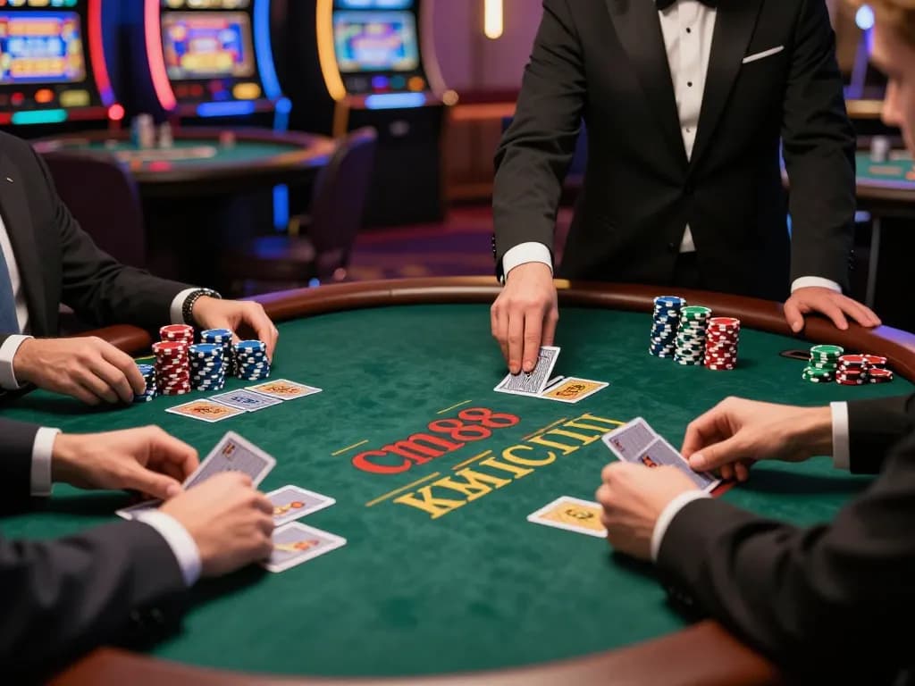 Players strategizing at a cm88 blackjack table, showcasing actual casino excitement and engagement.