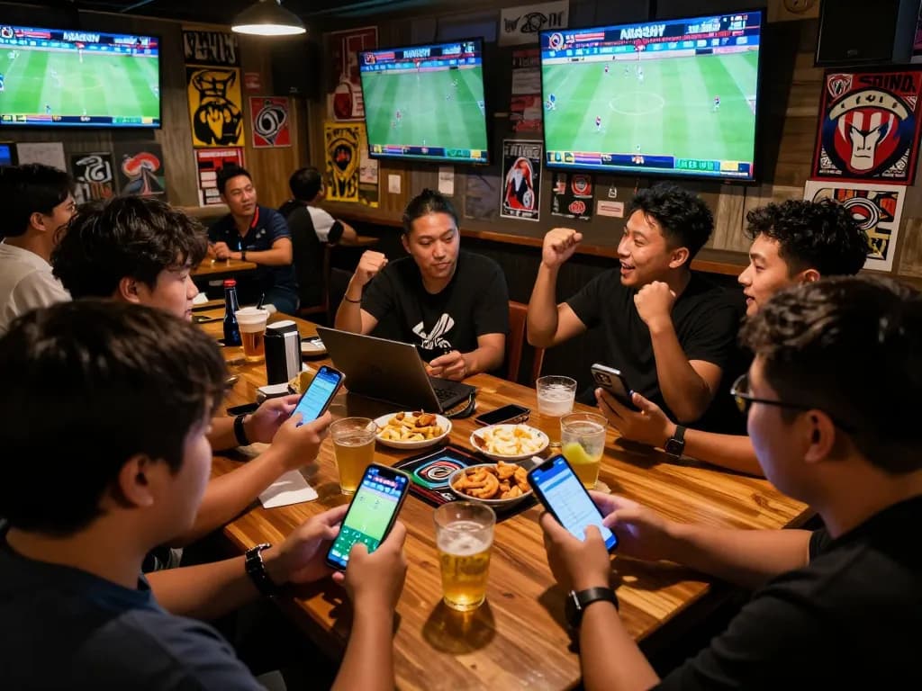 Cá cược Five88 excitement as friends place bets and watch live sports in a lively bar
