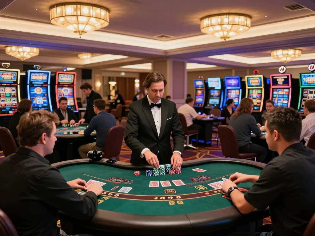 Exciting gameplay at 789CLUB with players engaging around blackjack tables under warm casino lighting.