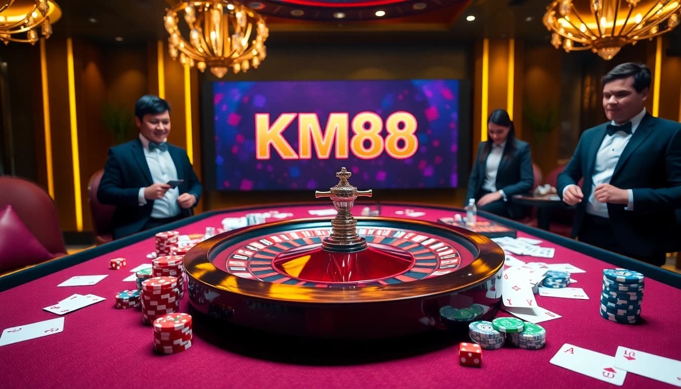Engaging gamblers at a vibrant casino table, showcasing the excitement of https://km88.company/'s gaming experience.