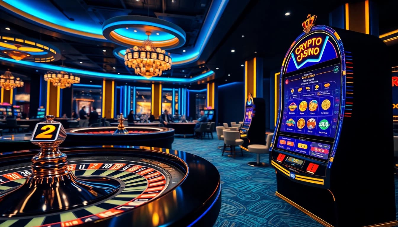 Players enjoying crypto online casinos at a vibrant casino table with colorful chips and slot machines.