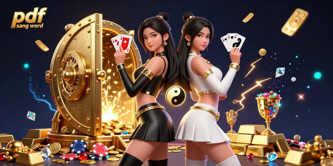 Experience seamless pdf sang word conversion with a dynamic casino-themed illustration featuring twin Asian women.