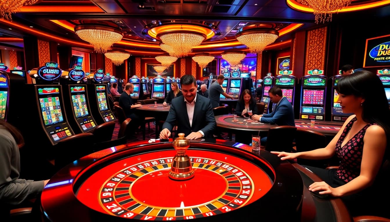 DU88 players enjoying vibrant table games and slot machines in a luxurious casino atmosphere.