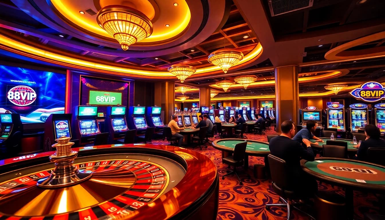 Gambling excitement with players enjoying games at a luxurious casino, highlighting https://68vip.trade/.