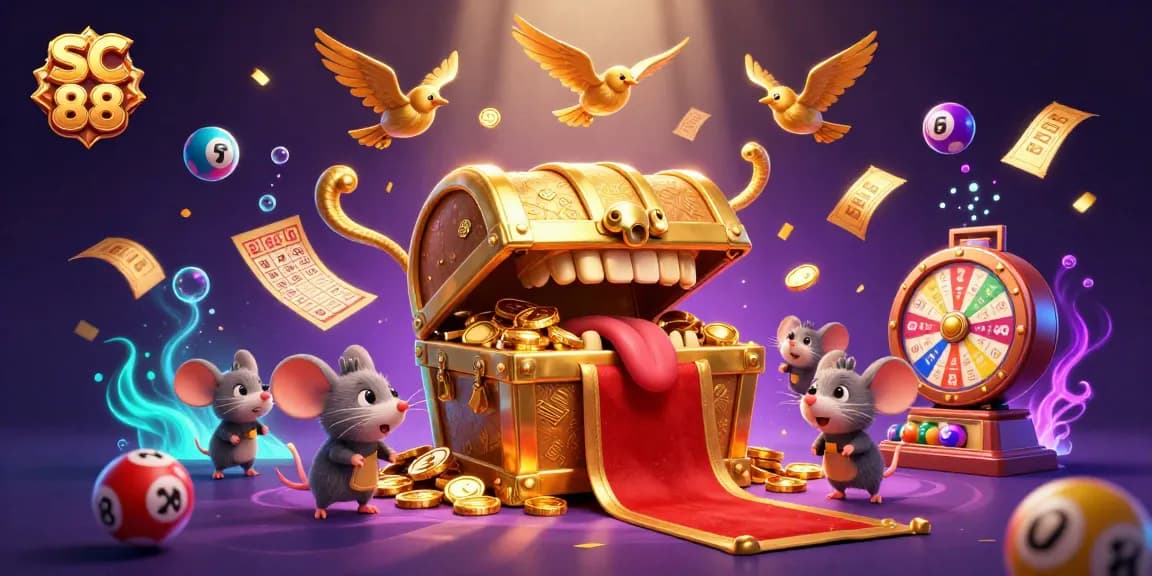 Engage with SC 88's thrilling gambling experience featuring a colorful treasure chest and festive lottery elements.