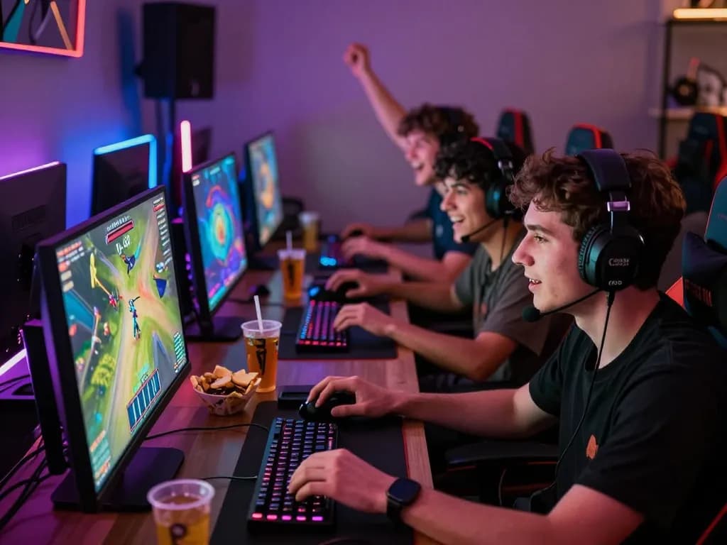 Exciting scene of gamers at GO99, engaged in multiplayer action with vibrant LED lighting and gaming equipment.