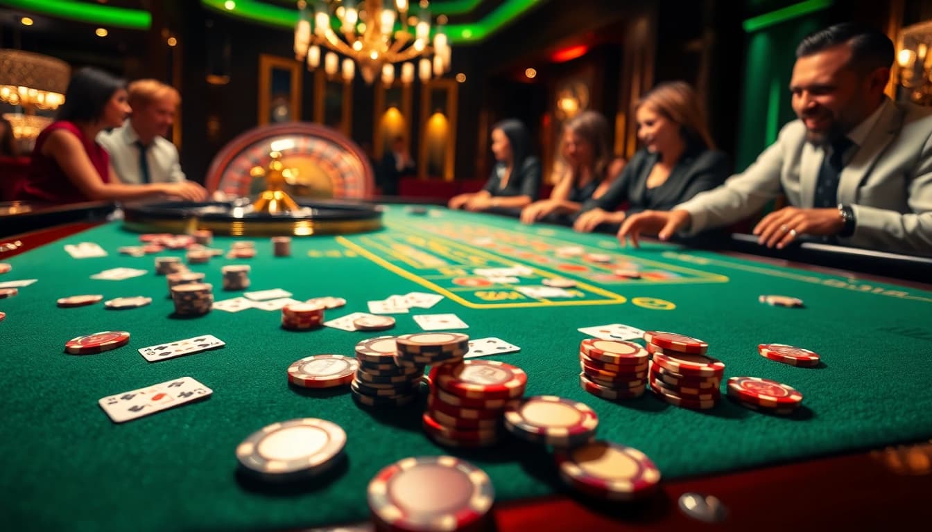Go8 gaming table with poker chips and excited players showcasing the thrill of gambling.