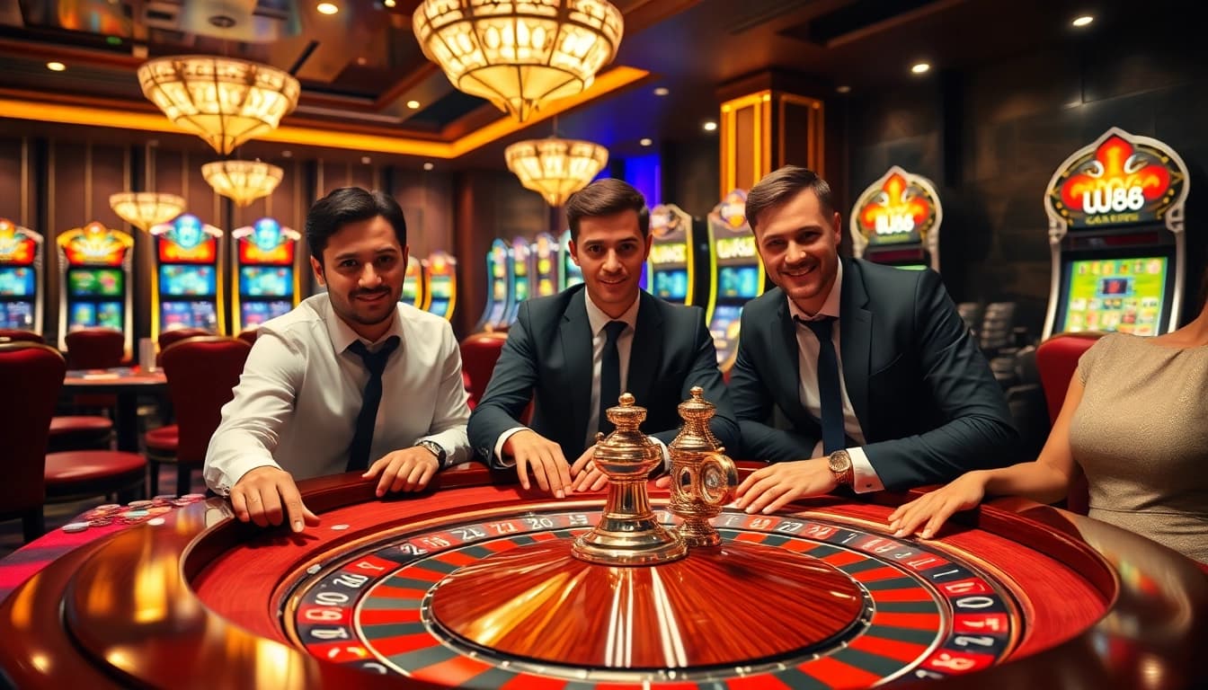Exciting UU88 casino scene with gamblers at a poker table, showcasing vibrant poker chips and roulette wheel.