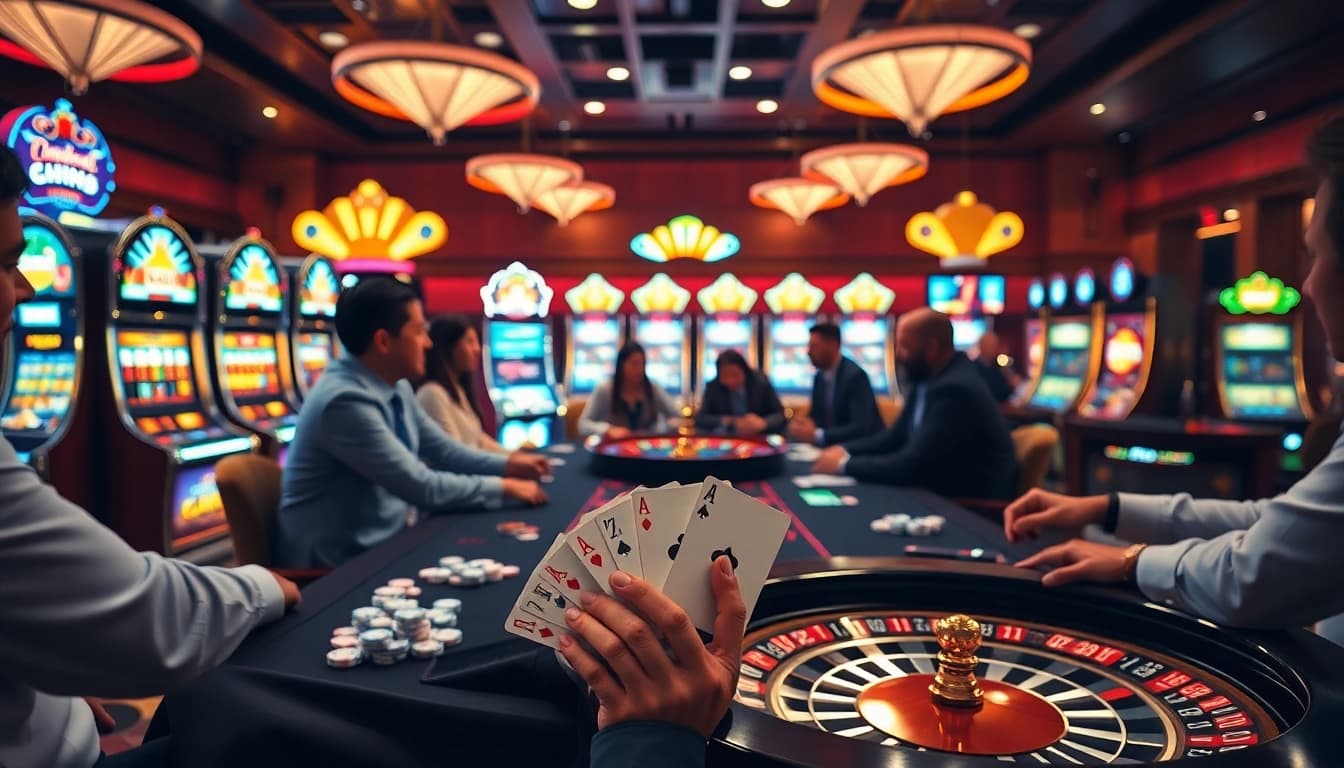 Experience the excitement of the game 98win at a vibrant casino table with players enjoying poker.