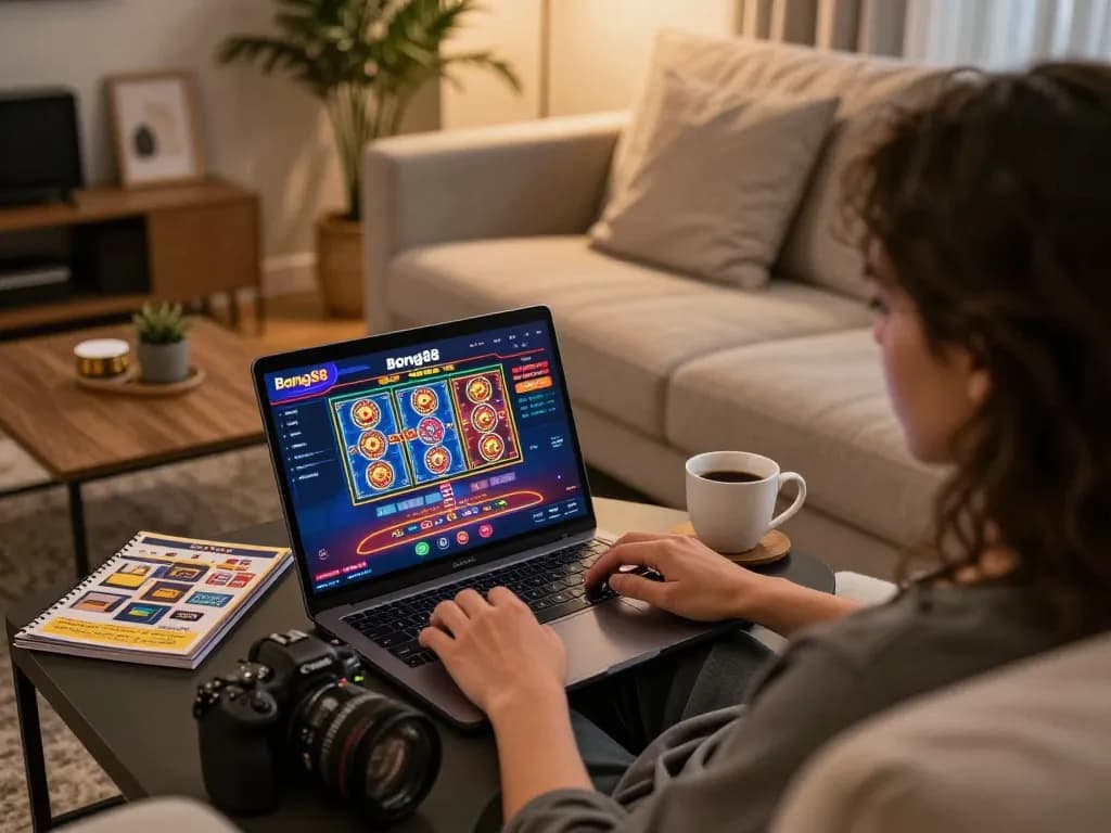 Engaging in online gaming on Bong88, a person studies strategies while using a laptop in a cozy setting.