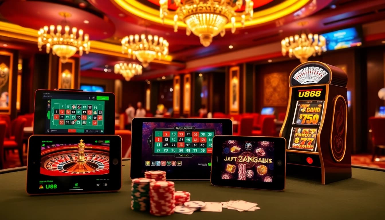 Cena envolvente de cassino U888 com fichas de poker, mesa de roleta e exibições digitais vibrantes.