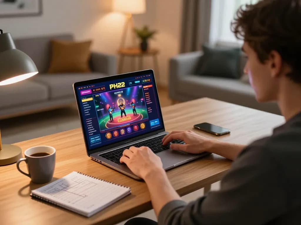 Engaging in PH22 online casino gameplay at home with strategic notes and warm ambiance.