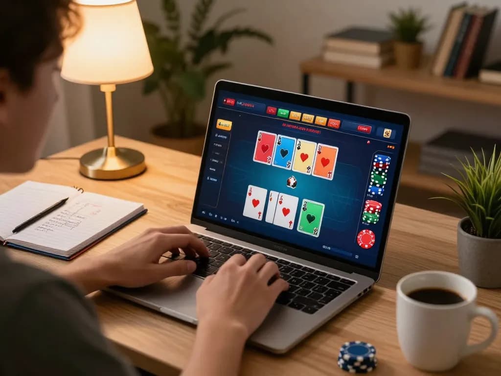 Engage in thrilling online gambling at https://gg88live.com/ with a laptop setup showing exciting poker gameplay.