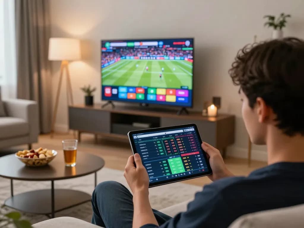 Person analyzing keonhacai odds while engaging in online sports betting at home